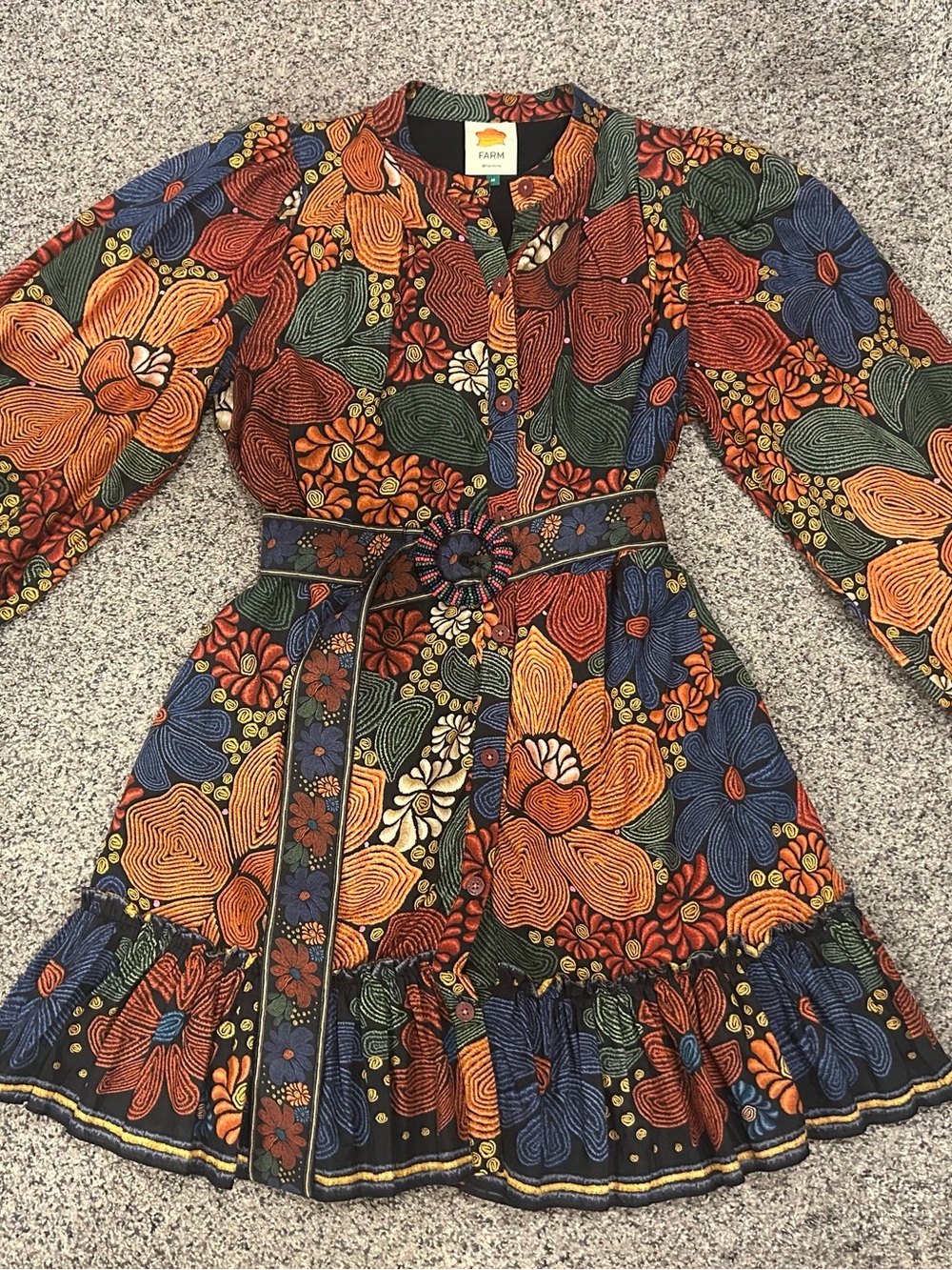 FARM RIO Stitched Flowers Belted Long Sleeved Mini Shirtdress Sz Med - Picture 8 of 8